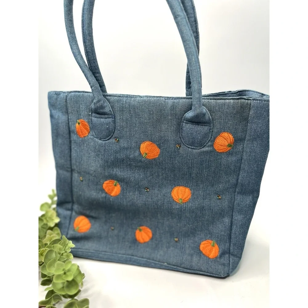 Vintage Quacker Factory denim blue shoulder bag w/ embroidered pumpkins